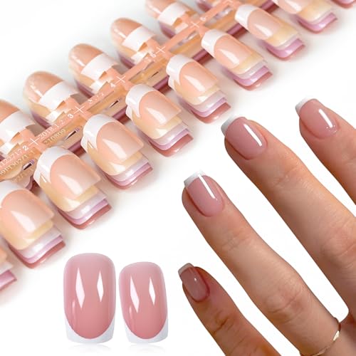 120Pcs Natural Nude Pink White French Press on Nails Square Fake Nail, Full Cover Glossy 5 Designs False Nails Acrylic Glue on Nails with 5 Sheets Adhesive Tabs for Women Girls Finger Christmas Nails - color: Natural Nude Pink Square