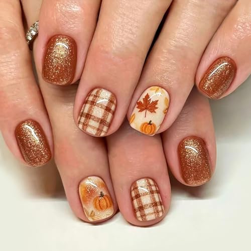 Fall Press On Nails Short Square Fake Nails Brown Glitter With Maple Leaves - color: design-15