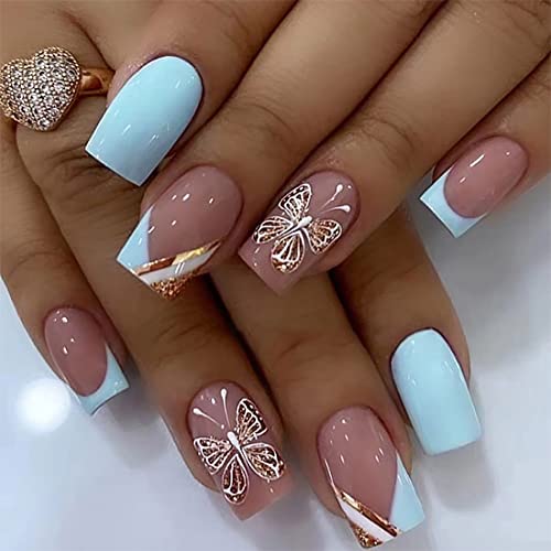 Square Press on Nails Medium Fake Nails French Gold Glitter Designs Butterfly False Nails Pink&Light Blue Acrylic Glue on Nails Glossy Full Cover Stick on Nail for Women Girls - color: Pink&White