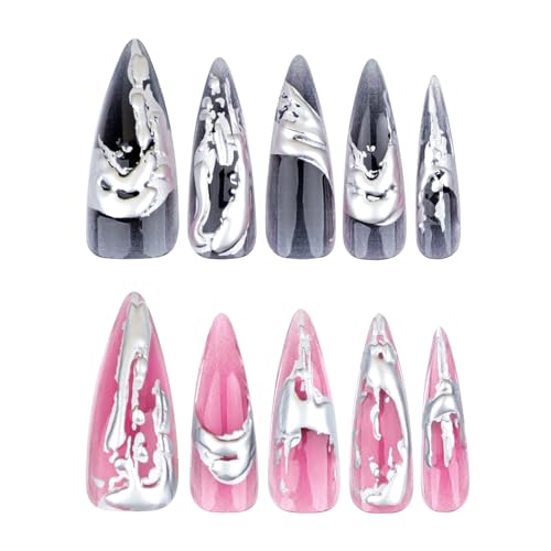 MISUD Press on Nails - Long Stiletto Glue on Nails with Goth Pink Black, Acrylic 3D Silver Chrome Design 24 pcs - color: 06121-03Pink&Black