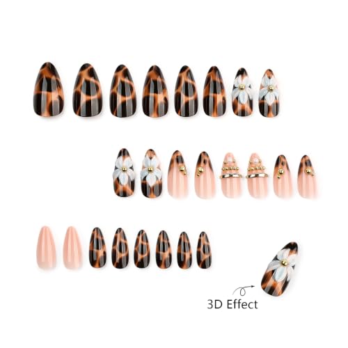 Press On Nails Medium Almond, 3D Flower Tortoiseshell, 24 Pcs - color: 107-Blush Amber Tortoise