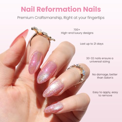 Nail Reformation Press On Nails, Glitter Pink Medium Almond Fake Nails - color: Glitter Pink
