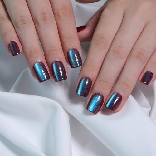 Teal Blue Cat Eye Press On Nails Short – Square Fake Nails with Color-Shifting Glow, Glossy Gel Acrylic Nails 15 Sizes, 30 Nails, Thick Reusable Glue On Nails for Daily Wear & Women Gifts - color: M11-Galaxy-Blue