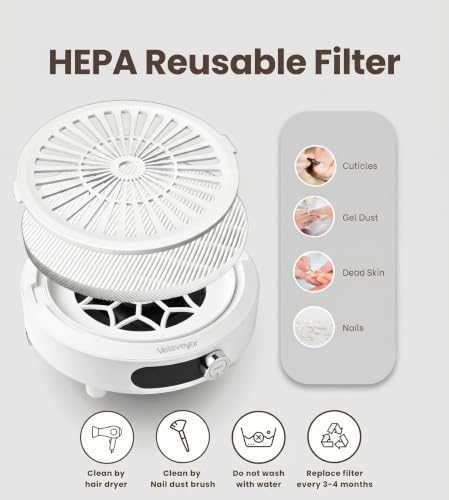 Nail Dust Collector, Cordless, Low Noise with LED Display, White