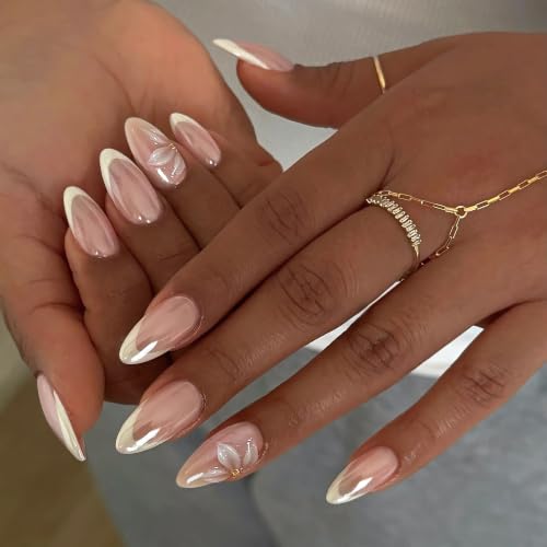 Qsnidy Pearlescent Press on Nails - Glazed 3D Flower, Medium Almond - color: Glazed 3D Flower