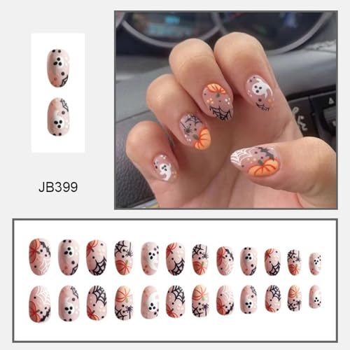 Halloween Almond Press on Nails Short Fake Nails Full Cover Cute Pumpkin Spider False Nails with Spider Web Little Ghost Designs Acrylic Nails Glossy Glue on Nails for Women Nail Art DIY 24 Pcs - color: Style 24