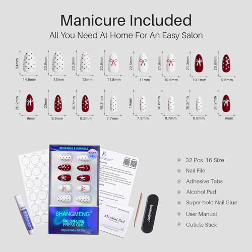 SHANGMENG Red White Press on Nails, Almond Medium Polka Dot Bow Fake Nails - color: Red & White Gala