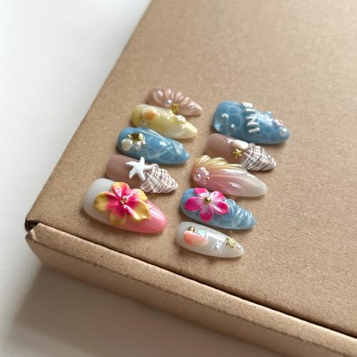 Press On Nails Medium Almond Shape - 3D Handmade Acrylic Gel Fake Nails with Glitter Designs, Reusable Thick Almond Nails for Women DIY Manicure Kit (10PCS, L Size, Easy Application) - color: 450, size: L