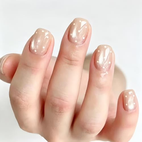 Short Square Press on Nails Polka Dot Fake Nails Nude Nails Press Ons - color: Nude
