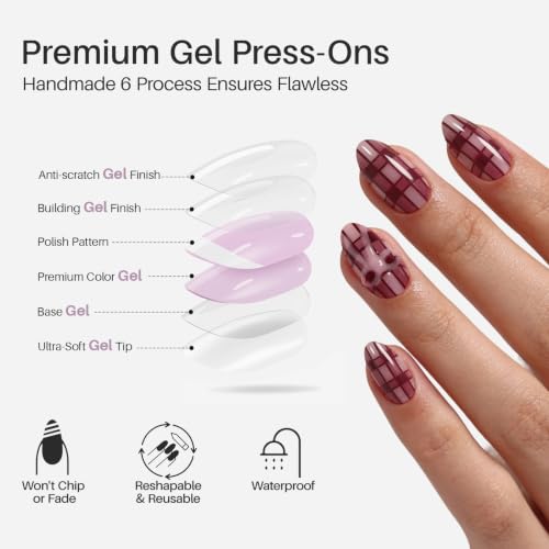 SHANGMENG Press on Nails, Almond Short Red Plaid with 3D Bow Fake Nails - color: Library Glow