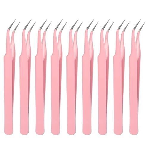 HARFINGTON 9pcs Curved Pointed Craft Tweezers with Protective Cover Pink - color: Pink