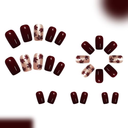 24Pcs Fall Maple Leaf press on Nails Medium Square Burgundy Fake Nails - color: Style-28