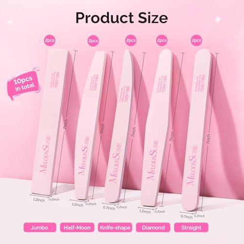 MelodySusie 10Pcs 100/180 Grit Nail Files Emery Boards Set Pink - size: 10Pcs Mix Shape