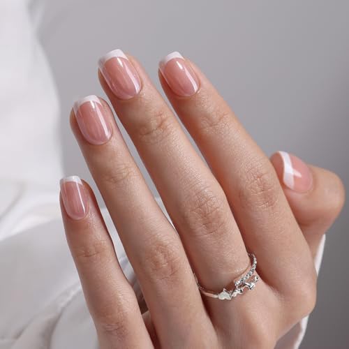 SHANGMENG Press on Nails, Square Short White French Tip Chrome Fake Nails - color: White Noise