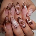 Press on Nails Medium Almond, Embossed Flower Acrylic Fake Nails, Brown French Beads 3D Floral Texture Artificial, Reusable Full Cover Glue on Nails, Stick on Nails for Women - color: Color 07