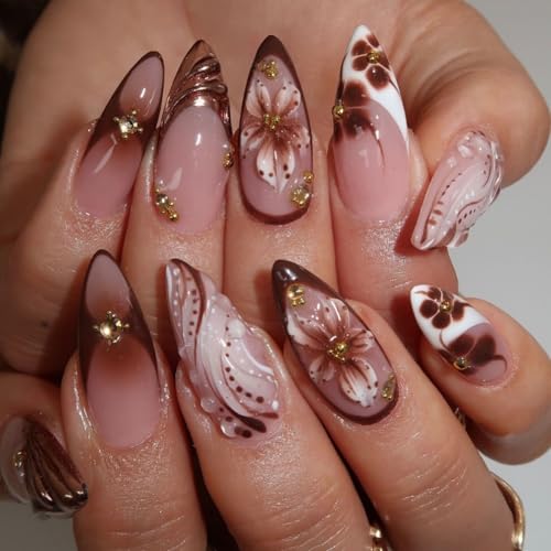Press on Nails Medium Almond, Embossed Flower Acrylic Fake Nails, Brown French Beads 3D Floral Texture Artificial, Reusable Full Cover Glue on Nails, Stick on Nails for Women - color: Color 07