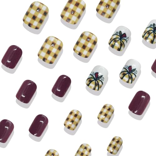 Thanksgiving Press on Nails Short Square Fake Nails Brown Checkered Full Cover Nails Press ons with Glossy Fall Pumpkin Reusable Acrylic Glue on Nails Autumn Nail for Women Thanksgiving Manicure 24Pcs - color: Color-20
