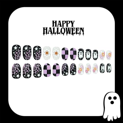 Halloween Press on Nails BOO Cute Ghost Checkerboard Web Flower - color: BOO Halloween