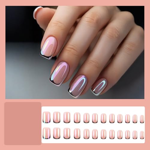 French Tip Press On Nails Short Square Fake Nails Press Ons With Aurora Chrome Design Glue On Nails Pink Glossy Stick On Nails Reusable Acrylic False Nails For Women - color: short square nails-4