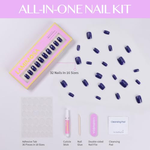LAMIMOSA 32Pcs Blue Press On Nails, Short Square Fake Nails, NAVY BLUE - color: NAVY BLUE