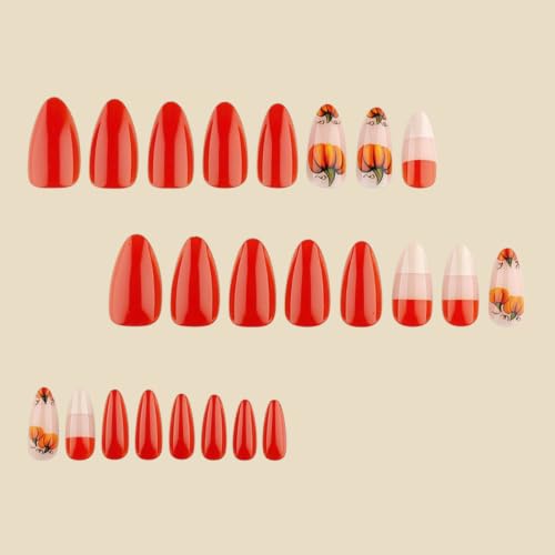 Fall Press on Nails Medium Almond, Pumpkin, Orange - color: Style-11