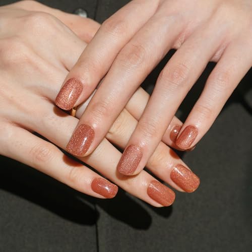 DANNI & TONI Semi Cured Gel Nail Strips Copper Brown Cat Eye Gel Nail Wraps Gift for Woman |Cocoa Glint - color: Cocoa Glint