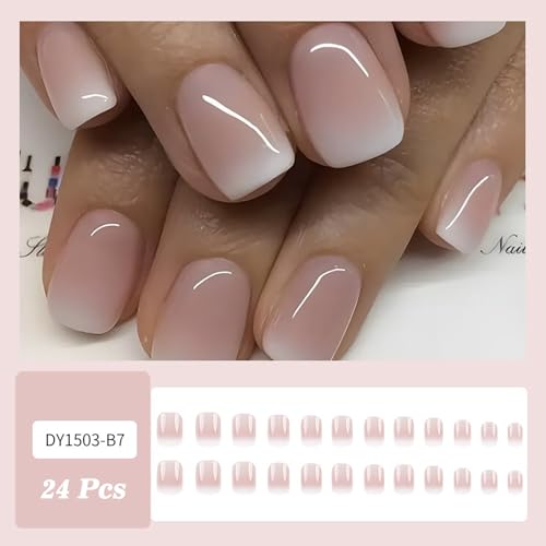 Press on Nails Short Square MABKJLF Fake Nails Full Cover Pink & White Gradient False Nails Glossy Glue on Nails Stick on Nails Acrylic Nails Artificial Nails for Women Girls 24Pcs - color: S43