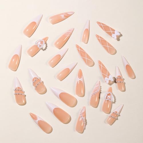 Long Stiletto Press on Nails - White French Tip witn 3D Bow - color: Style-23