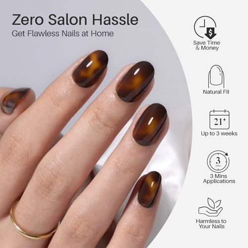SHANGMENG Press on Nails, Oval Short Tortoise Shell Fake Nails, Soft Gel - color: Amber Memory
