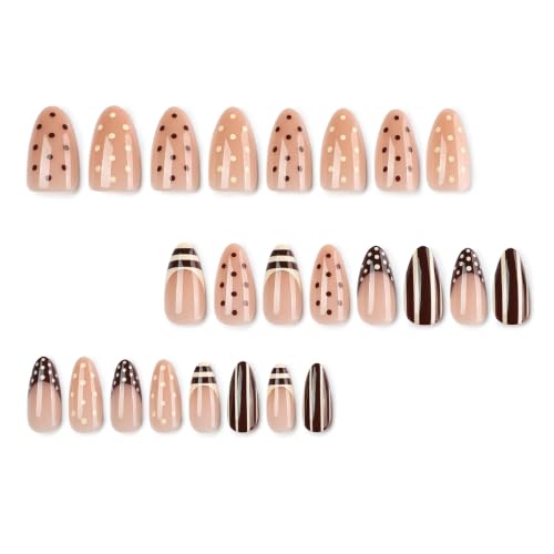 Fall Press on Nails Medium Almond - French Tip with Polka Dot Stripe - color: D-47