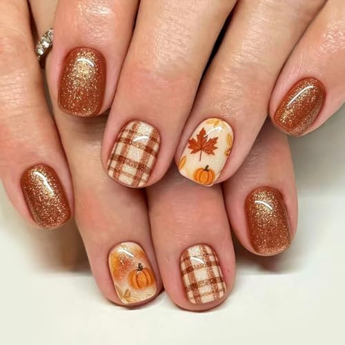 Fall Press on Nails Short Square Autumn Pumpkin Maple Leaf Fake Nails with Orange Brown Plaid Glitter Design Full Cover False Nails Glossy Reusable Glue On Nails for Women Thanksgiving Manicure 24Pcs - color: special Fall-24