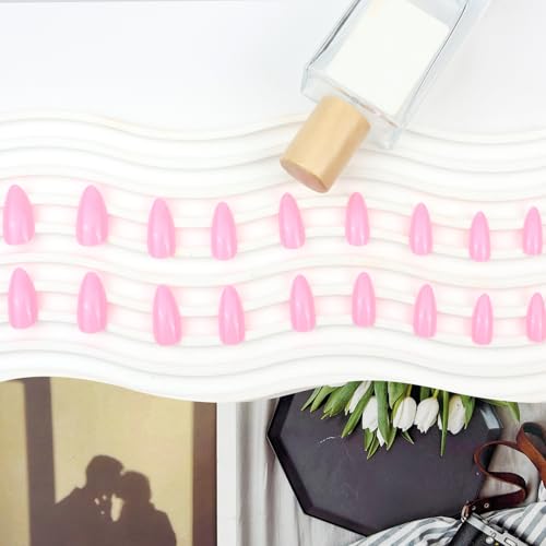 Pink Acrylic Press on Nails Almond Shaped Medium Fake Nails - color: 13-Pure Pink