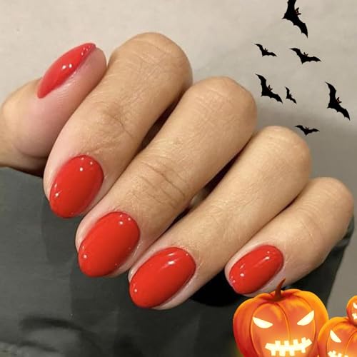 modelones Red Short Press on Nails Oval Fake Nails with Nail Glue - color: A7-Real Red