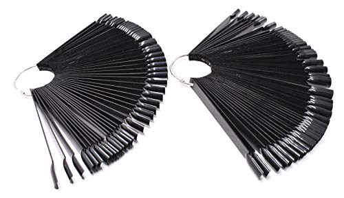 2 Sets 100 Tips Fan Shape Plastic Nail Art Tips Display Polish Board Display Practice Sticks with Metal Split Ring Holder (Black) - color: Black