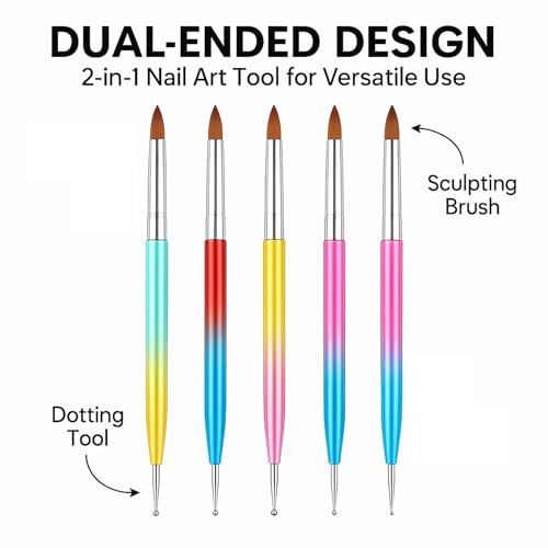 Dual-Ended Nail Art Brush & Dotting Pen Set - 5PCS Metal Rainbow Nail Brushes for Acrylic Gel, 3D Design, Extension, Manicure - Professional DIY Home Salon Tools