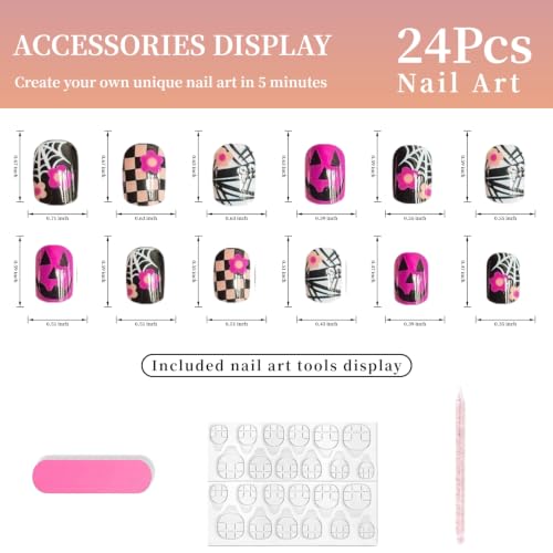 24Pcs Orange Black Checkered Mummy Halloween Press on Nails Short Square Fake Nails Purple Halloween Full Cover Glossy Reusable Glue on Nails Pumpkin Flower Spider Web Stick on Nails for Women - color: Bandage Ghost Style
