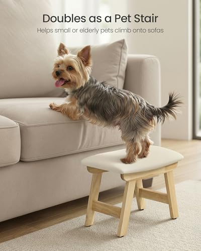 SONGMICS Foot Stool Ottoman, Padded Foot Rest Under Desk, Solid Wood Frame - color: Summer Sand + Natural Wood, size: 9.8"D x 15.4"W x 11.8"H
