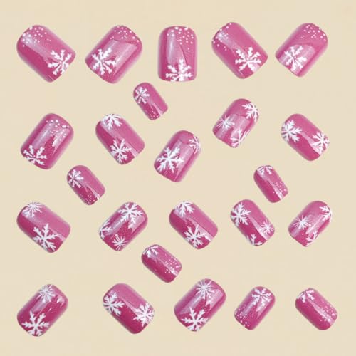Winter Press on Nails Short Square Fake Nails Snowflake Cat Eye for 24Pcs - color: 26