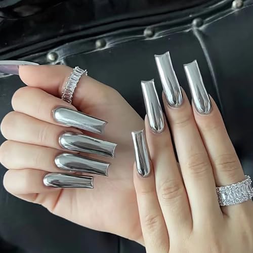 MISUD Press on Nails - Long Square Glue on Nails with Silver Chrome, Acrylic Metallic Design 24 pcs - color: 07814-13Silver