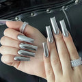 MISUD Press on Nails - Long Square Glue on Nails with Silver Chrome, Acrylic Metallic Design 24 pcs - color: 07814-13Silver
