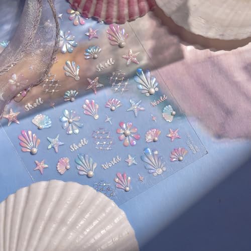 1 Sheet Summer Ocean Nail Sticker 5D Self Adhesive Starfish Nail Decals with Pearl Crystal Diamond Design Shiny Seashell Nail Art Stickers Mermaid Nails Supplies for Women Manicure Decoration DIY - color: Mermaid