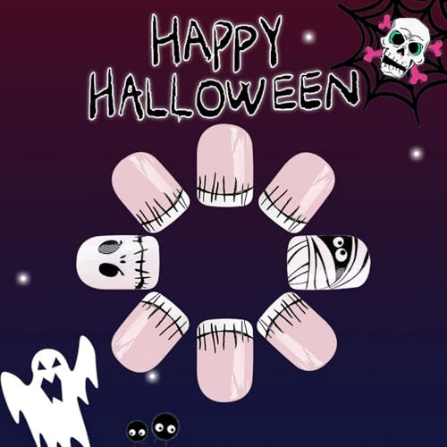 Halloween French Tip Press on Nails Short Square Shaped Fake Nails with Skull Designs Full Cover Acrylic Nails Pink White Glossy False Nails for Women Manicure 24 Pcs - color: Halloween Style 025