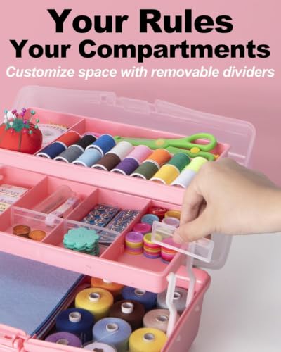TERGOO 13in Lager Plastic Craft Organizer and Storage 3-Layer Tackle Box - color: Pink