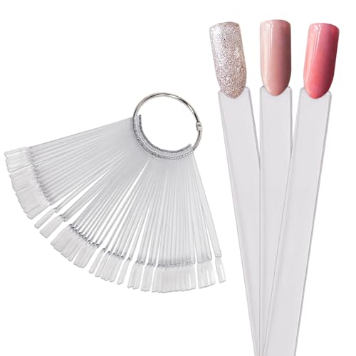 Beauticom® 50 Clear Acrylic False Tip Sticks with Metal Ring Fan-Shaped Nail Art Display Chart Practice Tool - 50 Tips