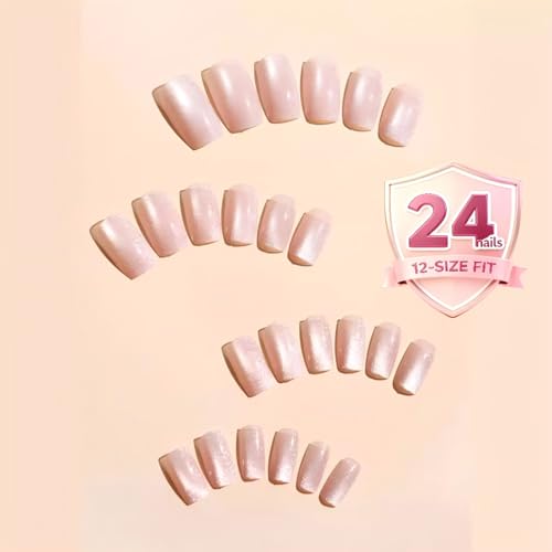 Press On Nails, Square Shimmer Nude Glitter Sparkle, 24PCS - color: 0028-Pearlescent light pink