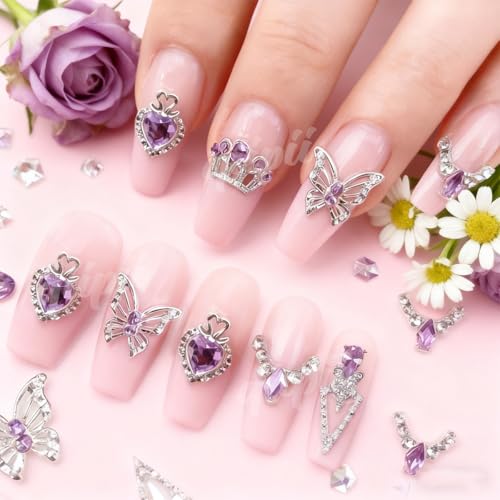 qiipii 24pcs Purple Luxury Nail Charms Heart Rhinestones Charms 3D Big Crown Butterfly Nail Gems Crystals Diamonds Jewelry Stones Alloy Studs Supplies Decor for Arylic Nails Face Makeup DIY Crafts - color: Luxury Charms - Purple, size: 1 Box