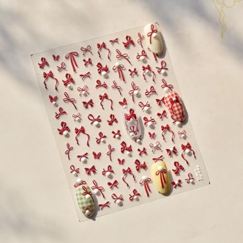 1 Sheet Embossed Bow Nail Art Stickers Pearl Bowknots Nail Art Stickers 5D Self Adhesive Bow Tie Nail Decals Red Mix Shape Bow-Knot Design Manicure Supplies for Women Nail Art Decorations Accessories - style: pearl red bow