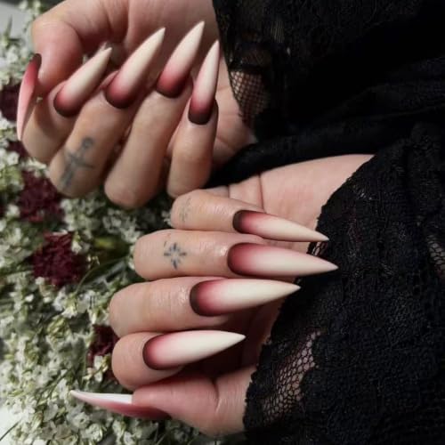 Halloween Long Stiletto Press on Nails White & Wine Ombre Matte Nails 24Pcs - color: Halloween 1