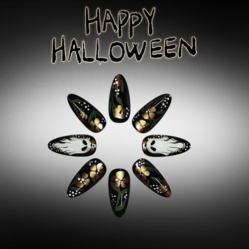 Halloween Press On Nails Medium Almond Fake Nails Holiday Stick On Nail Press Ons With Ghost Gold Flower Design Acrylic False Nails Glossy Glue On Nails For Women - color: Halloween nails-8
