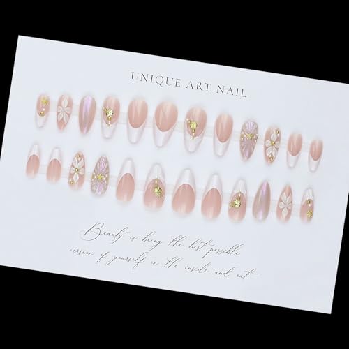 Summer Almond Press On Nails Medium Glitter Fake Nails With Gold Starfish Shell Pearls Design French Nail Press Ons Embossed Flower Acrylic Nails Spring Glossy False Nails For Women - color: Design-5